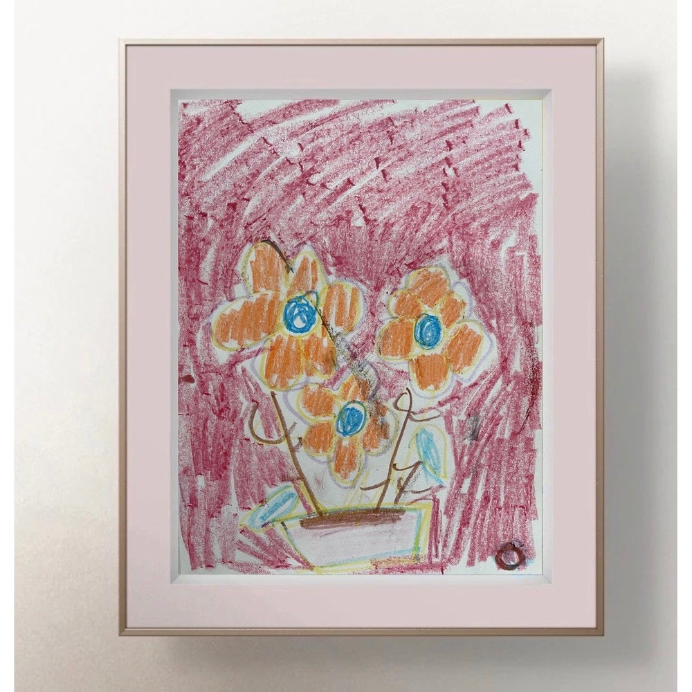 OMAN Original Abstract Floral Drawing Flowers Still Life Oil Pastel Art 8.5x11